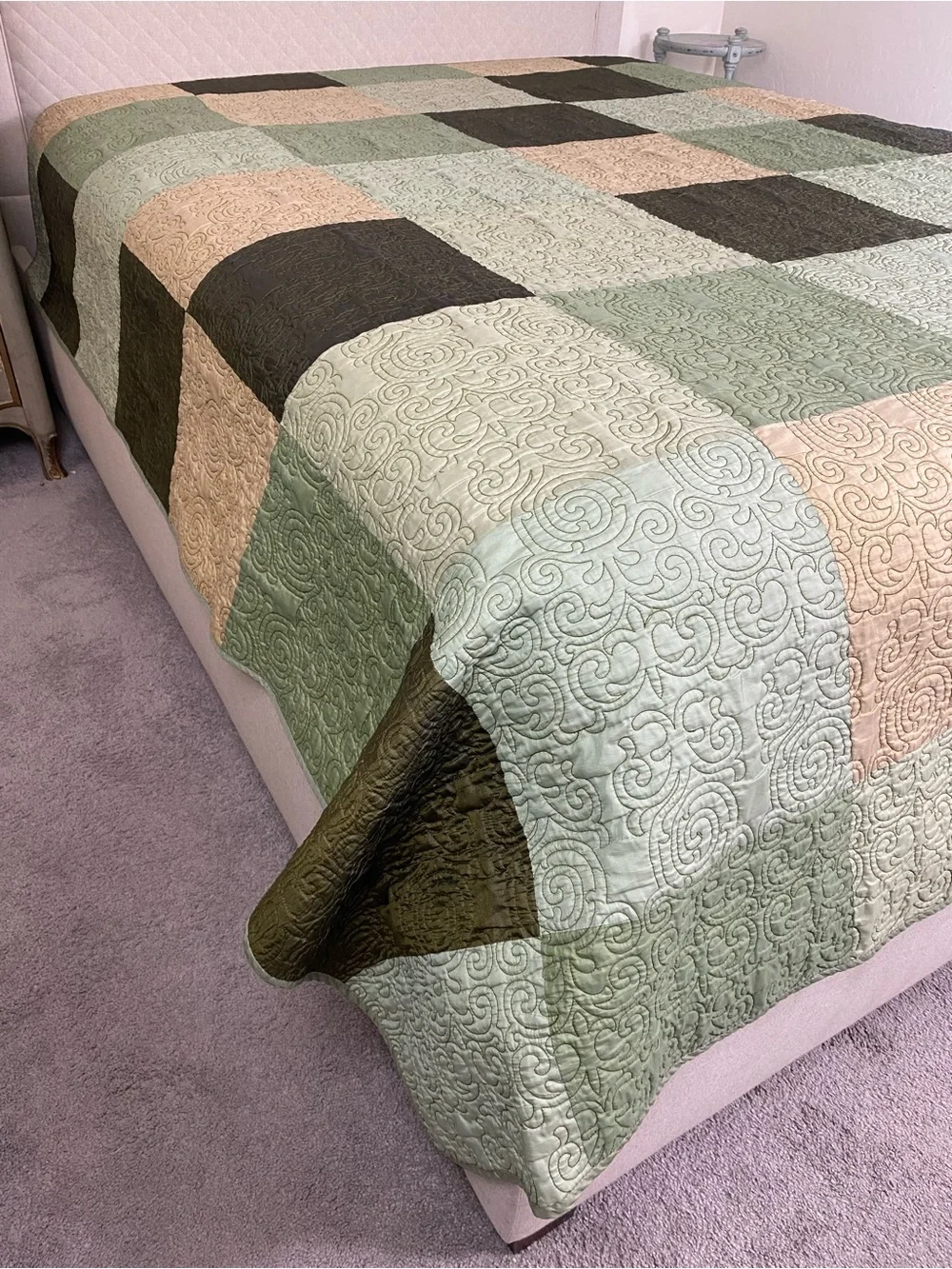 Rare 70s Springmaid patchwork Lightweight bedspread/ Quilt green brown gold